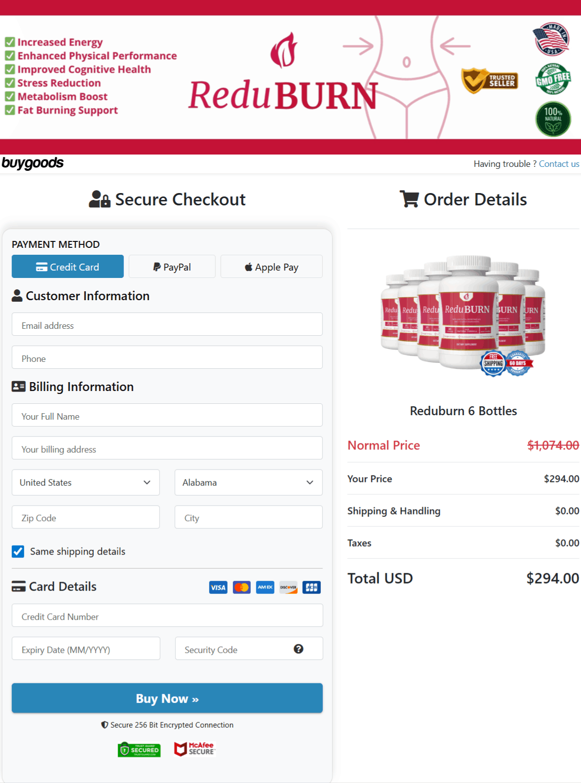 ReduBurn Checkout page